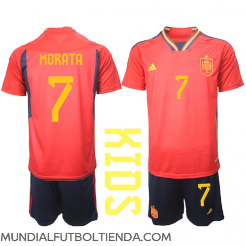 Camiseta España Alvaro Morata #7 Primera Equipación Replica Mundial 2022 para niños mangas cortas (+ Pantalones cortos)